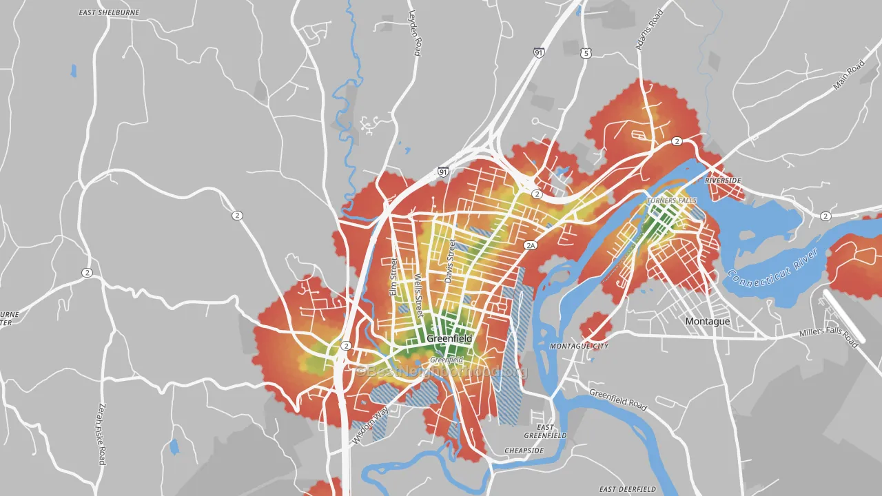 Walk Grade map of 01301, MA, walkable areas in green and car-dependent areas in red