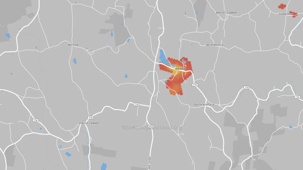 Walk Grade map of 01330, MA, walkable areas in green and car-dependent areas in red