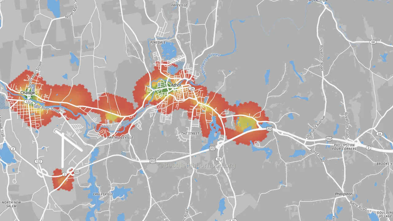 Walk Grade map of 01331, MA, walkable areas in green and car-dependent areas in red