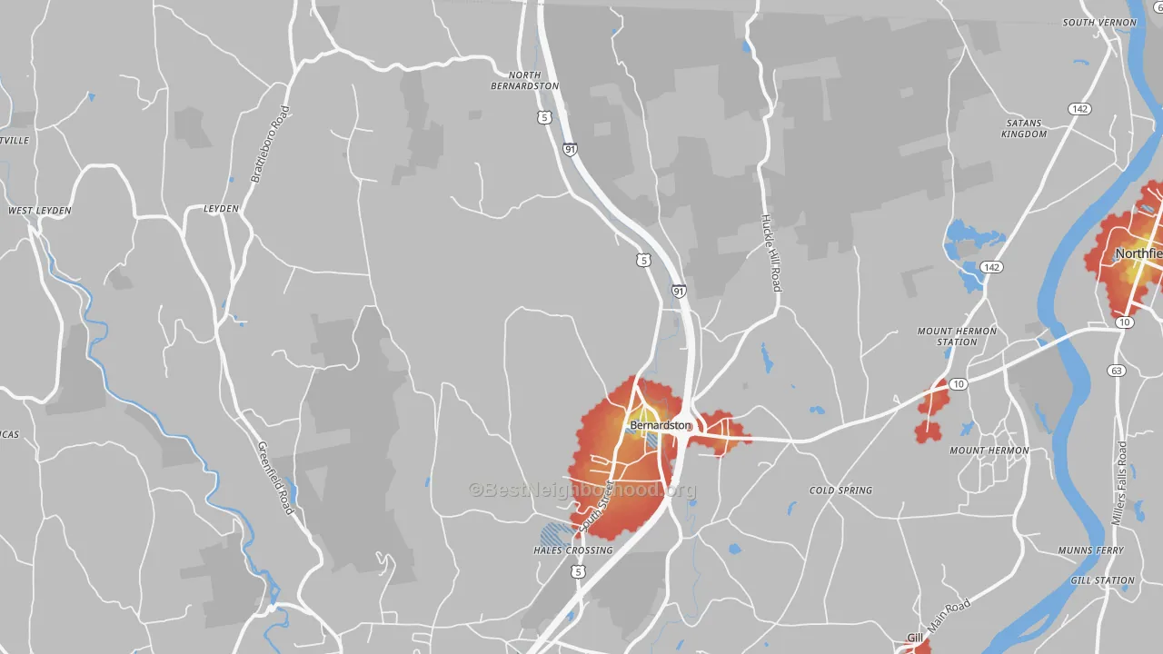 Walk Grade map of 01337, MA, walkable areas in green and car-dependent areas in red