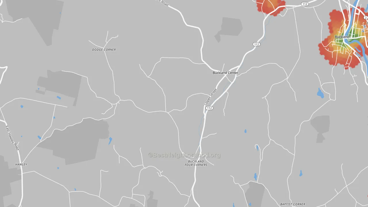 Walk Grade map of 01338, MA, walkable areas in green and car-dependent areas in red