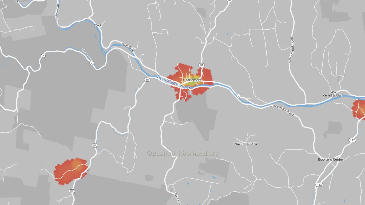 Walk Grade map of 01339, MA, walkable areas in green and car-dependent areas in red
