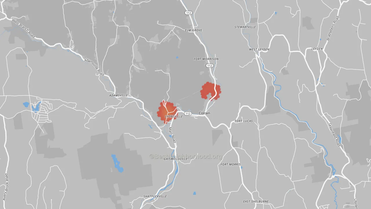 Walk Grade map of 01340, MA, walkable areas in green and car-dependent areas in red