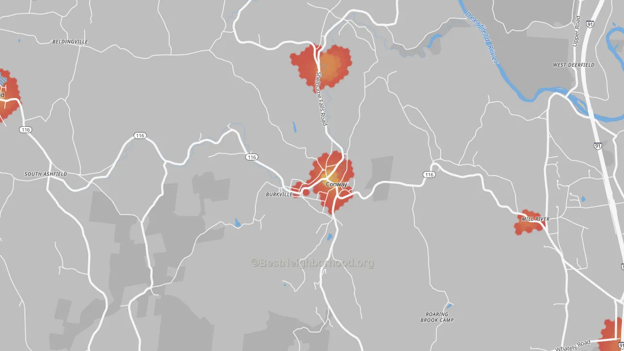 Walk Grade map of 01341, MA, walkable areas in green and car-dependent areas in red