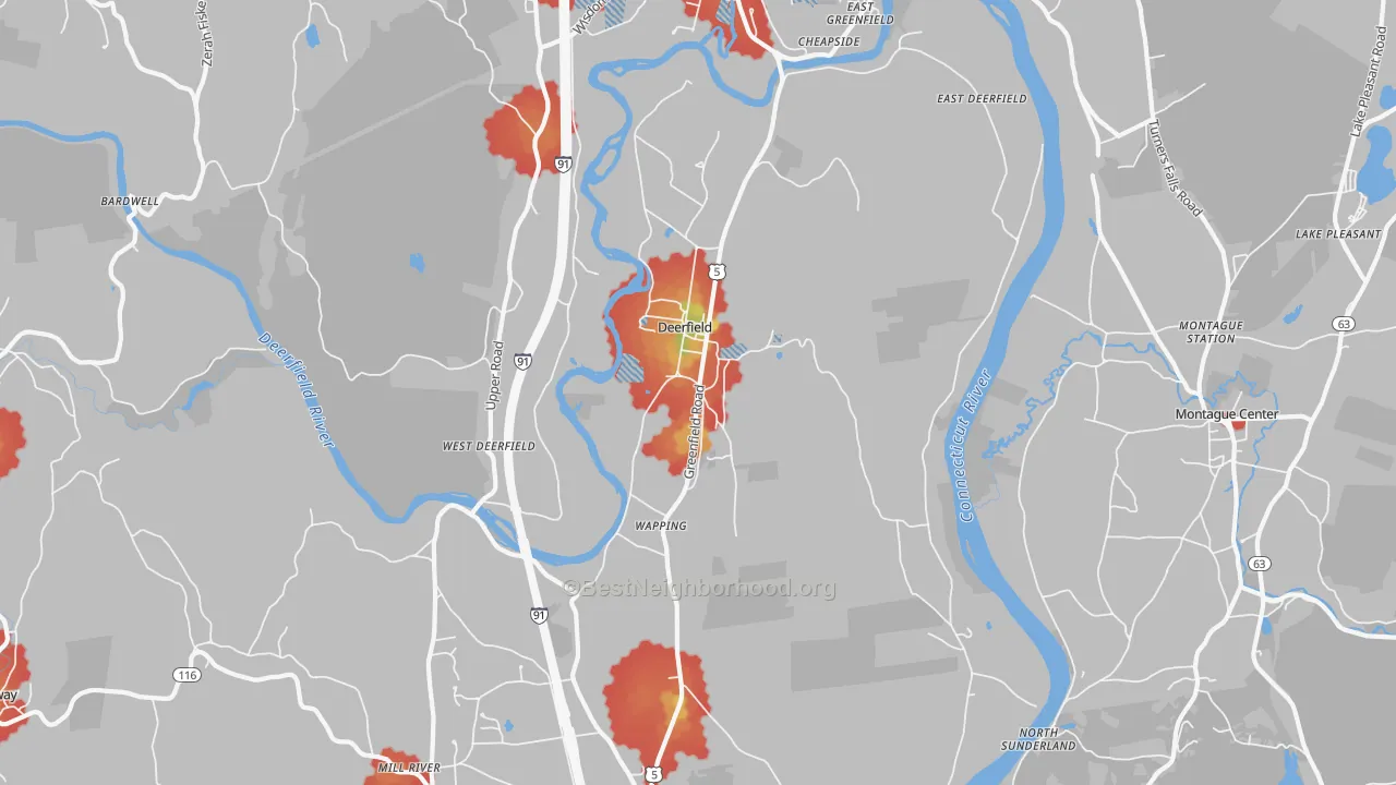 Walk Grade map of 01342, MA, walkable areas in green and car-dependent areas in red