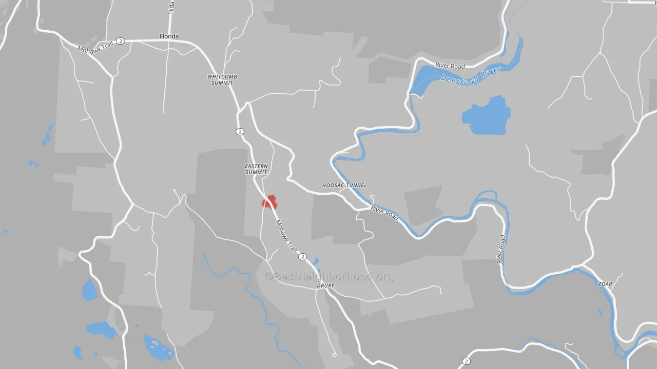 Walk Grade map of 01343, MA, walkable areas in green and car-dependent areas in red