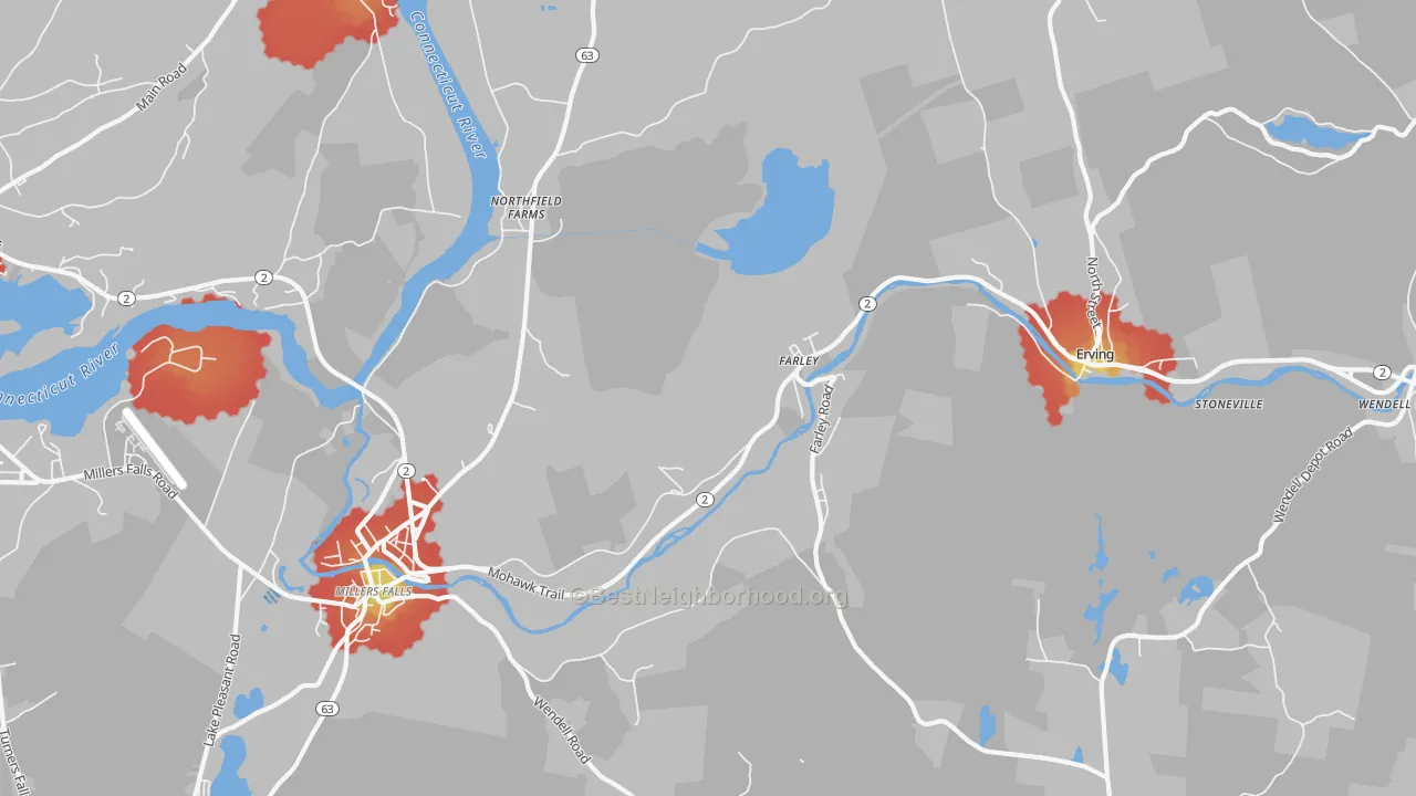 Walk Grade map of 01344, MA, walkable areas in green and car-dependent areas in red