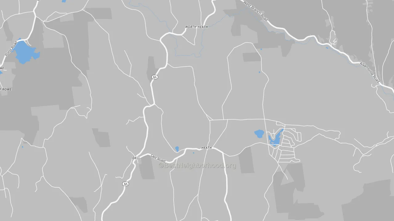 Walk Grade map of 01346, MA, walkable areas in green and car-dependent areas in red