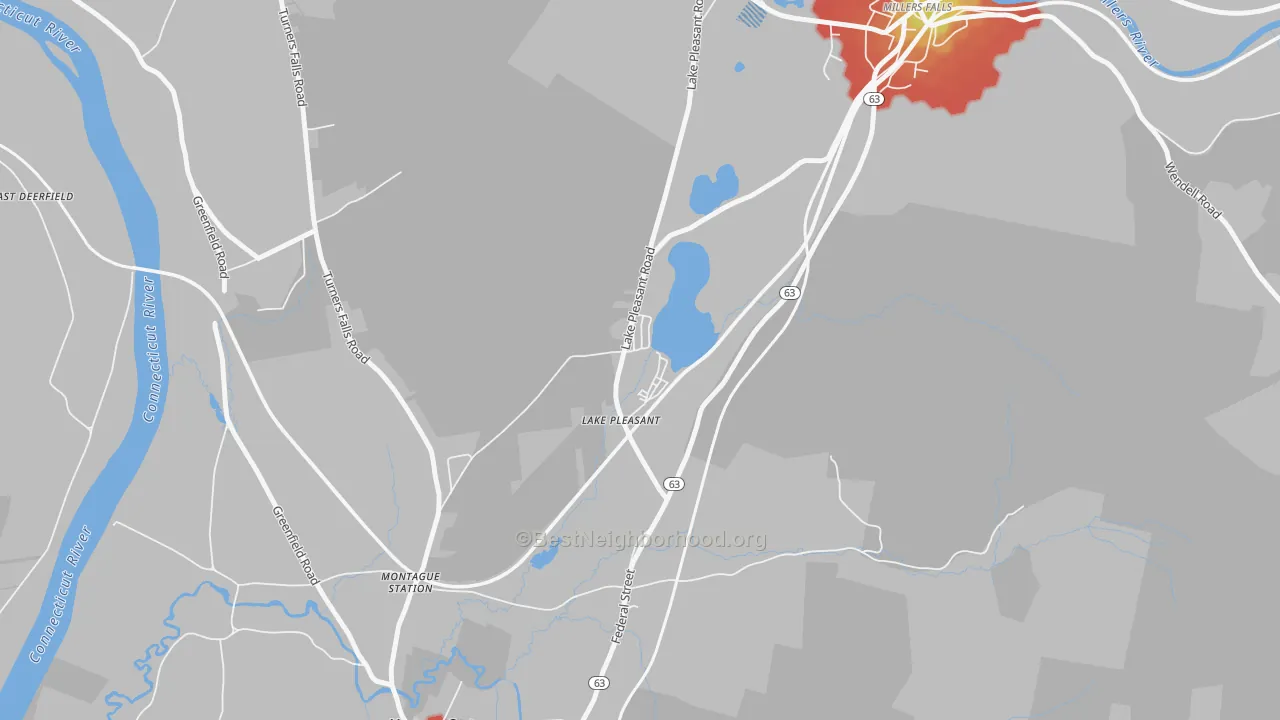 Walk Grade map of 01347, MA, walkable areas in green and car-dependent areas in red