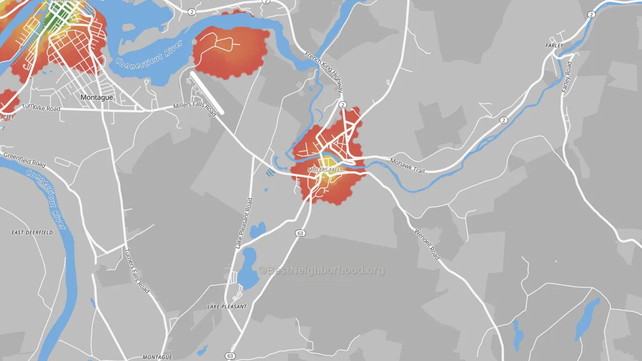 Walk Grade map of 01349, MA, walkable areas in green and car-dependent areas in red