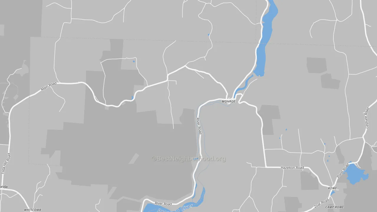 Walk Grade map of 01350, MA, walkable areas in green and car-dependent areas in red