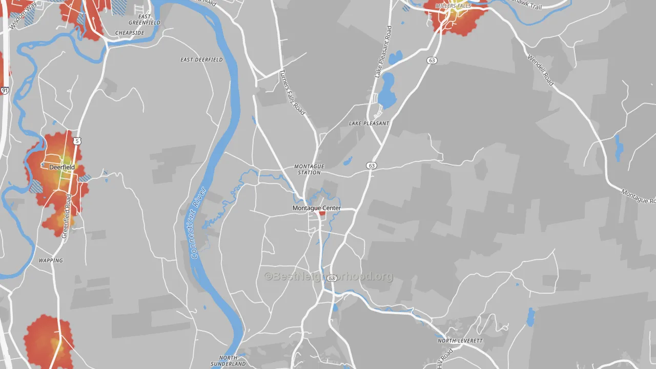 Walk Grade map of 01351, MA, walkable areas in green and car-dependent areas in red