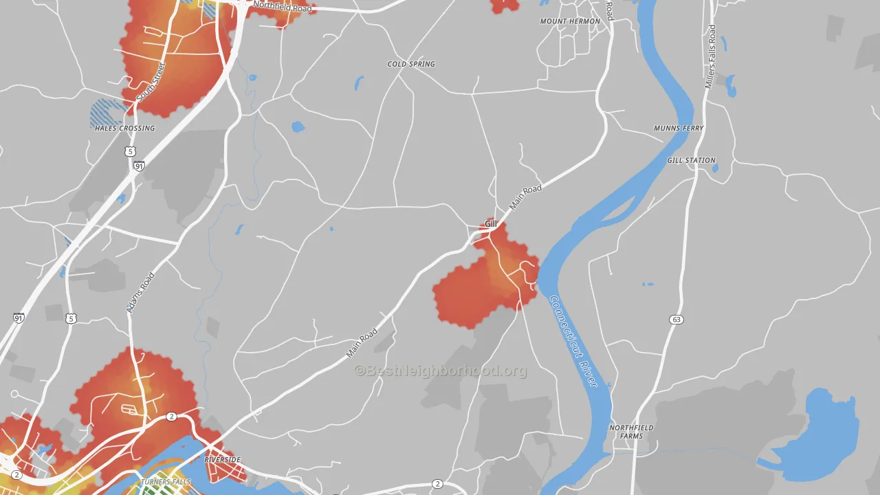 Walk Grade map of 01354, MA, walkable areas in green and car-dependent areas in red