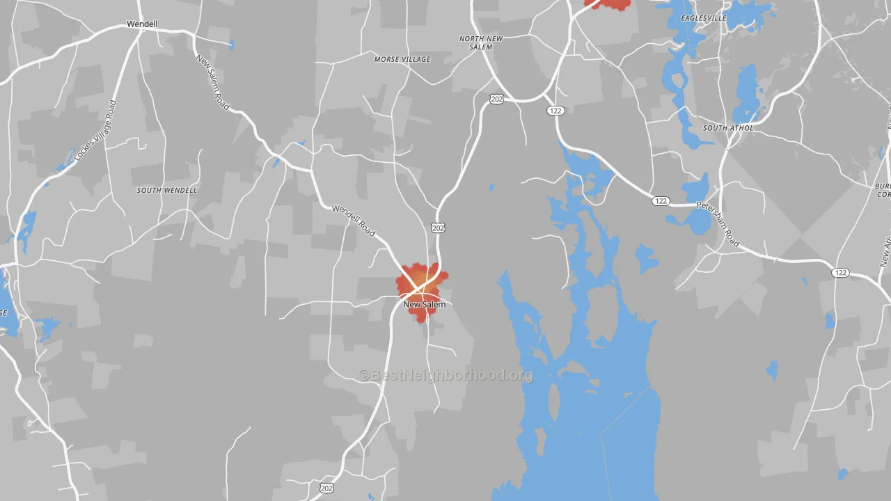 Walk Grade map of 01355, MA, walkable areas in green and car-dependent areas in red