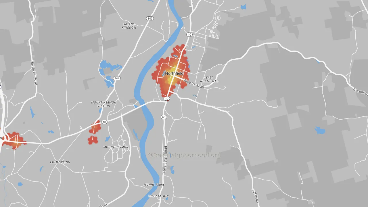 Walk Grade map of 01360, MA, walkable areas in green and car-dependent areas in red