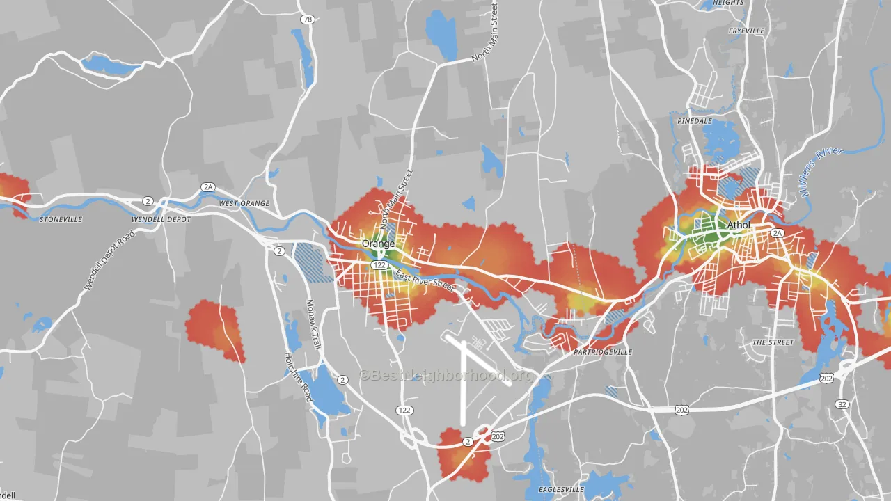 Walk Grade map of 01364, MA, walkable areas in green and car-dependent areas in red