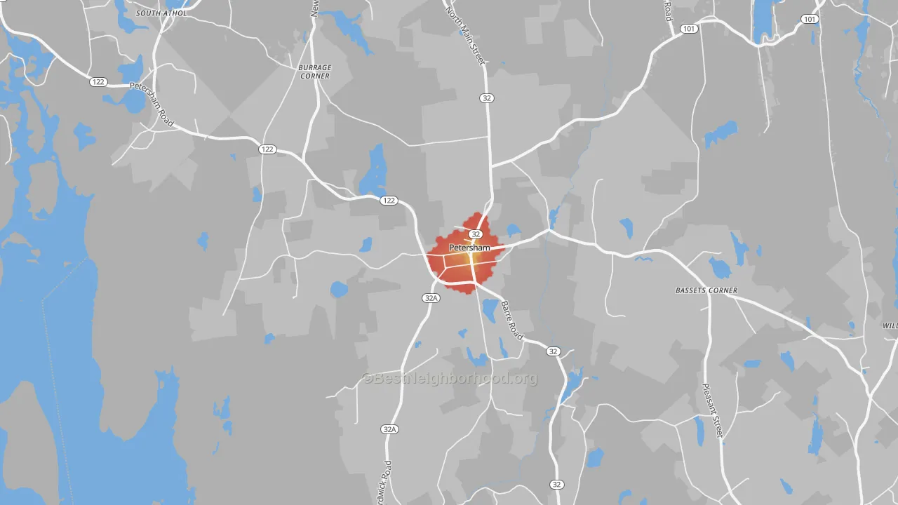 Walk Grade map of 01366, MA, walkable areas in green and car-dependent areas in red