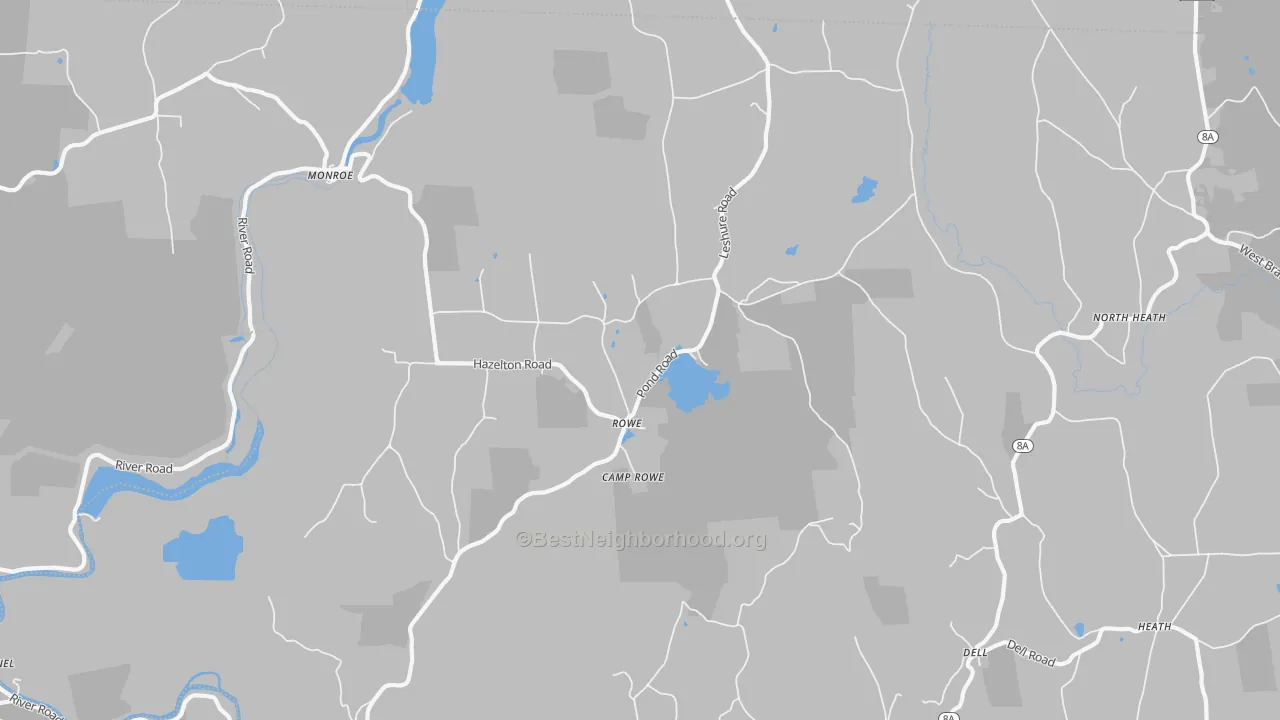 Walk Grade map of 01367, MA, walkable areas in green and car-dependent areas in red