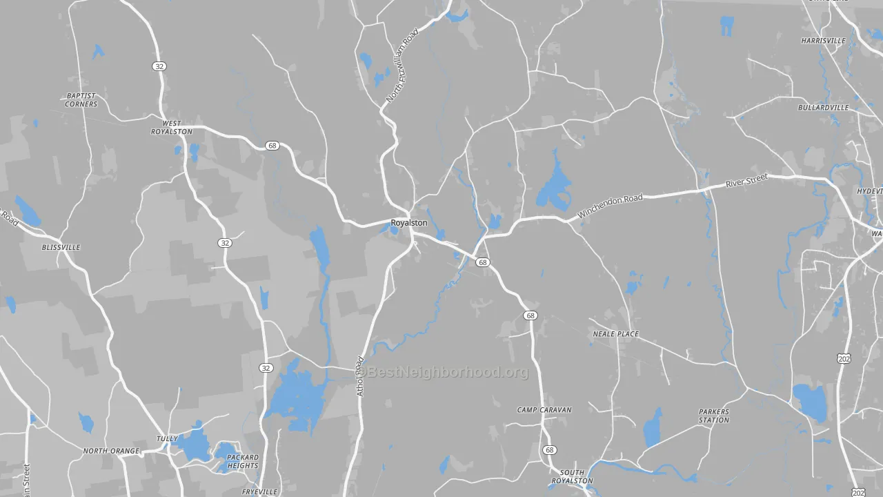 Walk Grade map of 01368, MA, walkable areas in green and car-dependent areas in red