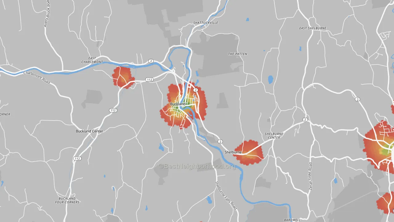 Walk Grade map of 01370, MA, walkable areas in green and car-dependent areas in red