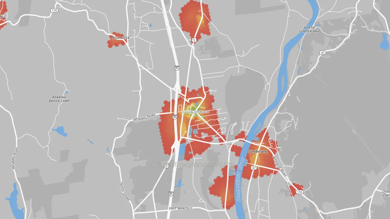 Walk Grade map of 01373, MA, walkable areas in green and car-dependent areas in red