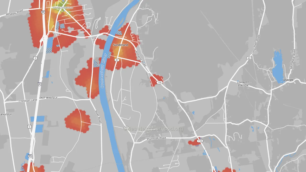 Walk Grade map of 01375, MA, walkable areas in green and car-dependent areas in red