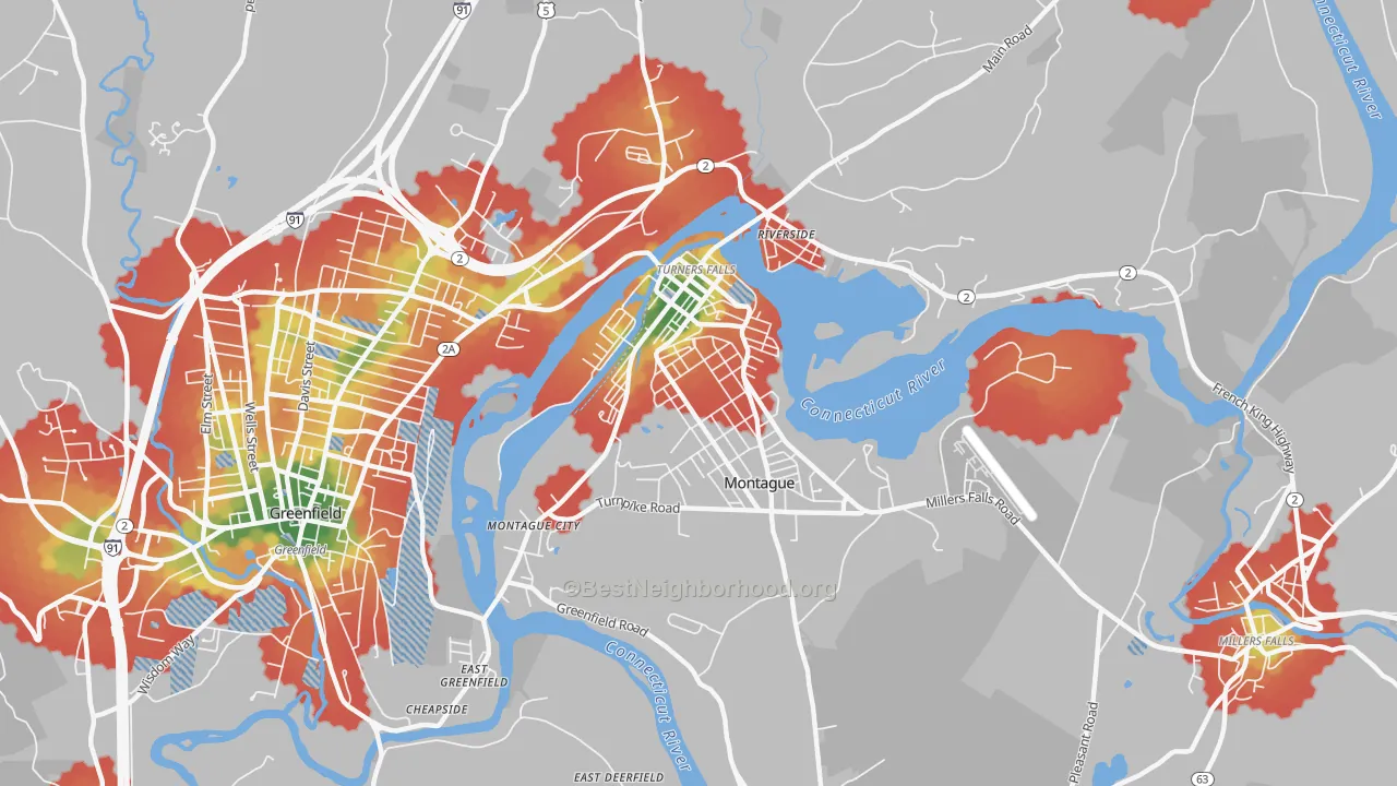 Walk Grade map of 01376, MA, walkable areas in green and car-dependent areas in red
