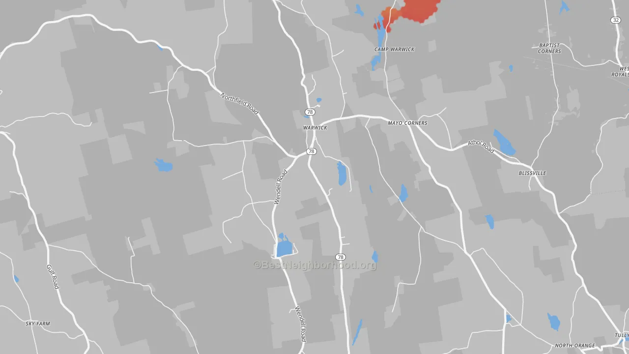 Walk Grade map of 01378, MA, walkable areas in green and car-dependent areas in red