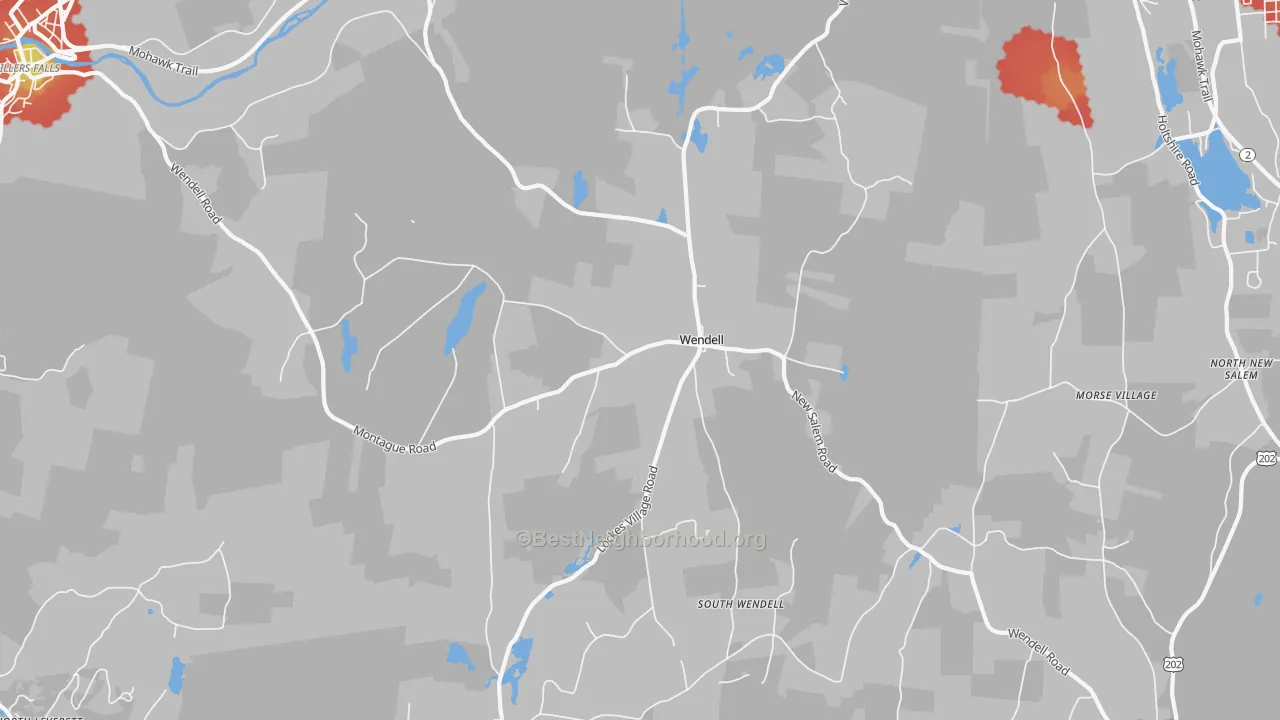 Walk Grade map of 01379, MA, walkable areas in green and car-dependent areas in red