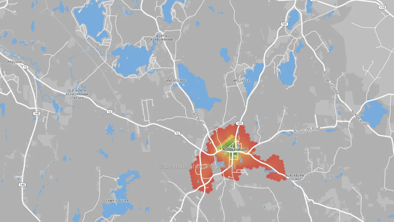 Walk Grade map of 01430, MA, walkable areas in green and car-dependent areas in red