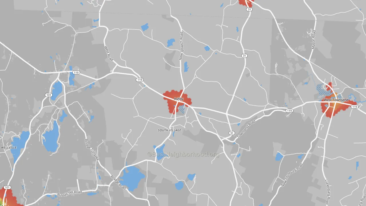 Walk Grade map of 01431, MA, walkable areas in green and car-dependent areas in red