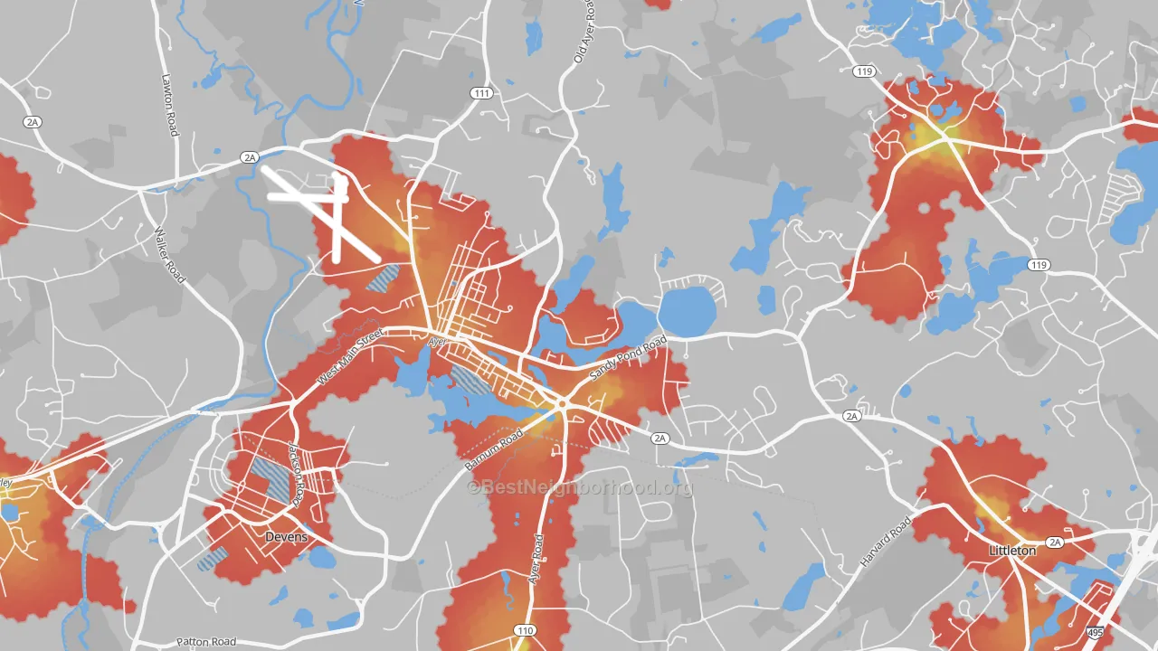 Walk Grade map of 01432, MA, walkable areas in green and car-dependent areas in red