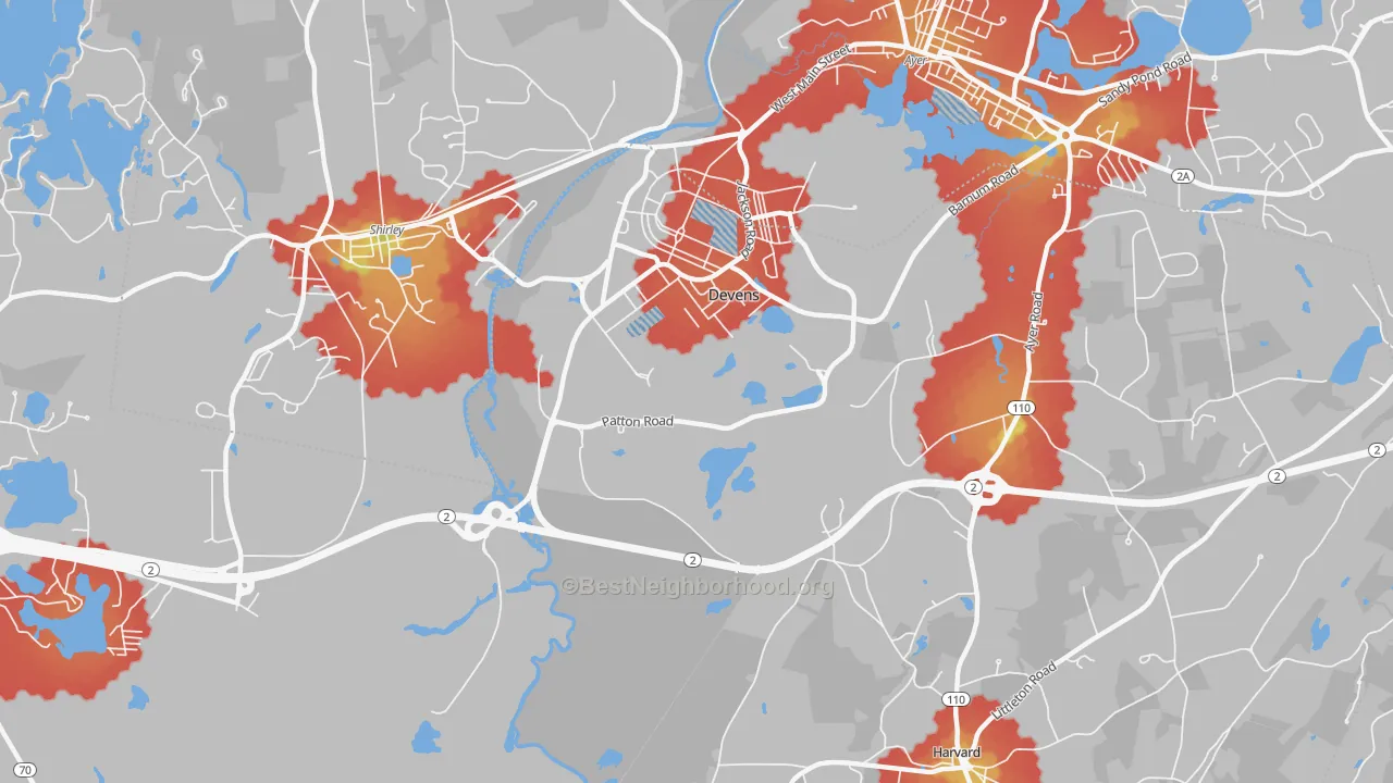 Walk Grade map of 01434, MA, walkable areas in green and car-dependent areas in red