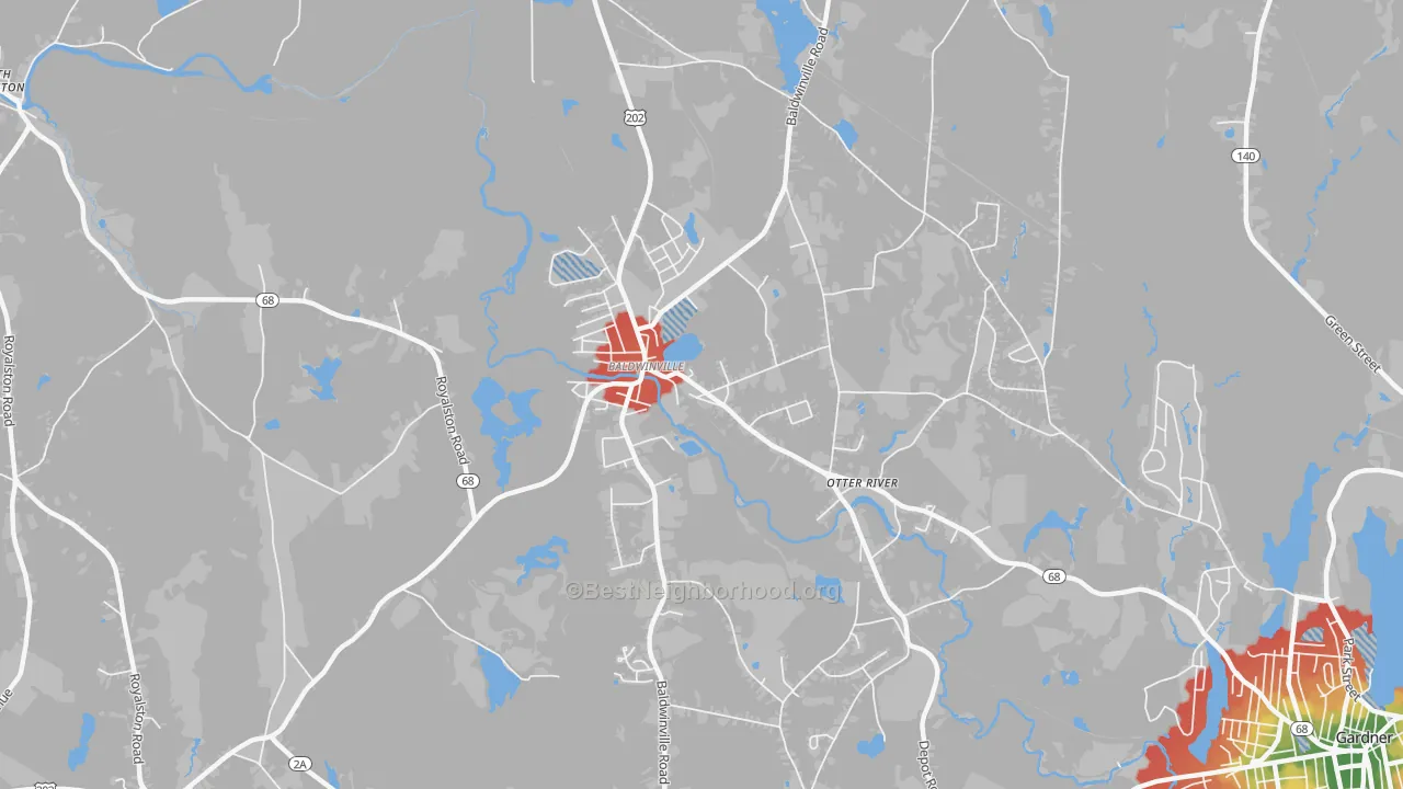 Walk Grade map of 01436, MA, walkable areas in green and car-dependent areas in red