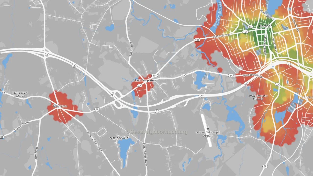 Walk Grade map of 01438, MA, walkable areas in green and car-dependent areas in red
