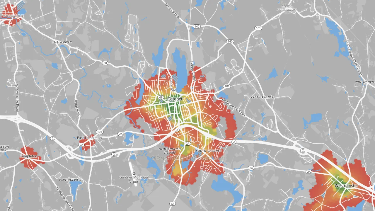 Walk Grade map of 01440, MA, walkable areas in green and car-dependent areas in red