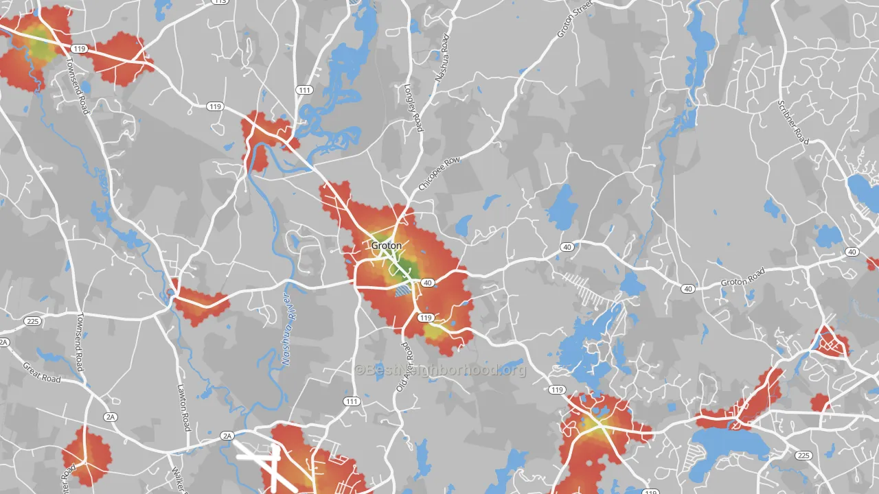 Walk Grade map of 01450, MA, walkable areas in green and car-dependent areas in red