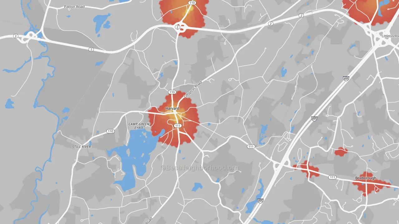 Walk Grade map of 01451, MA, walkable areas in green and car-dependent areas in red