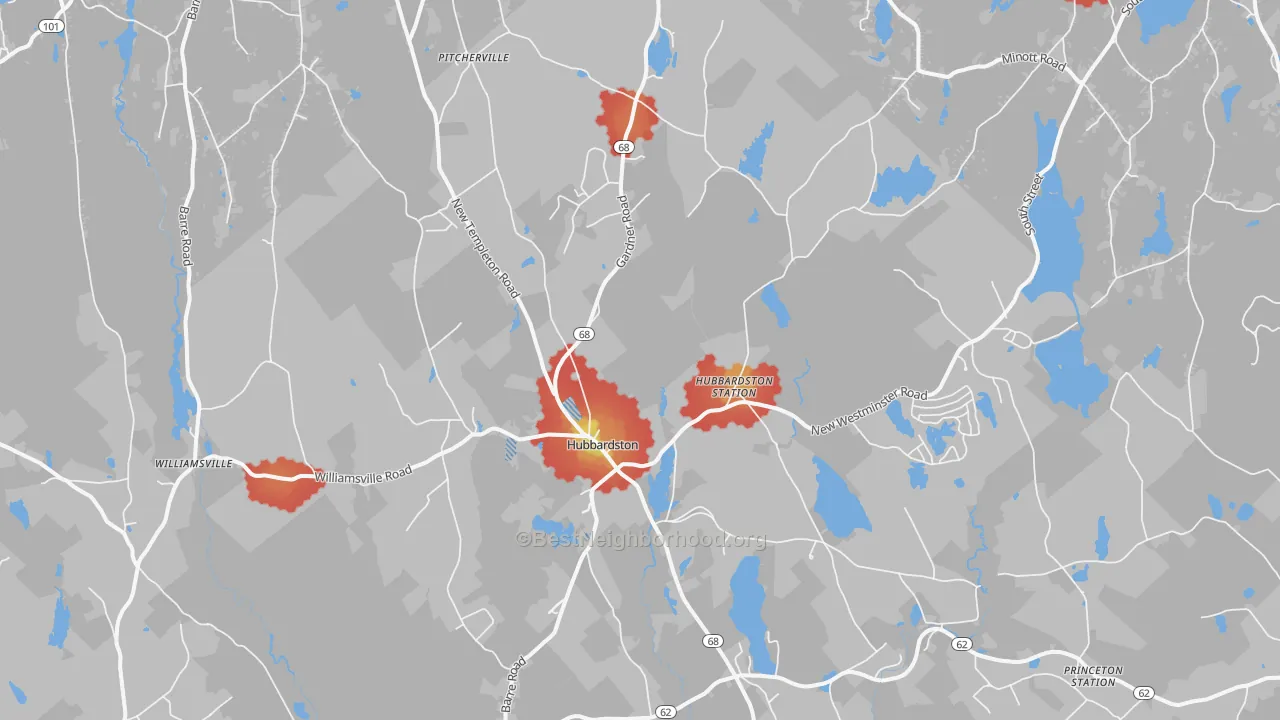 Walk Grade map of 01452, MA, walkable areas in green and car-dependent areas in red