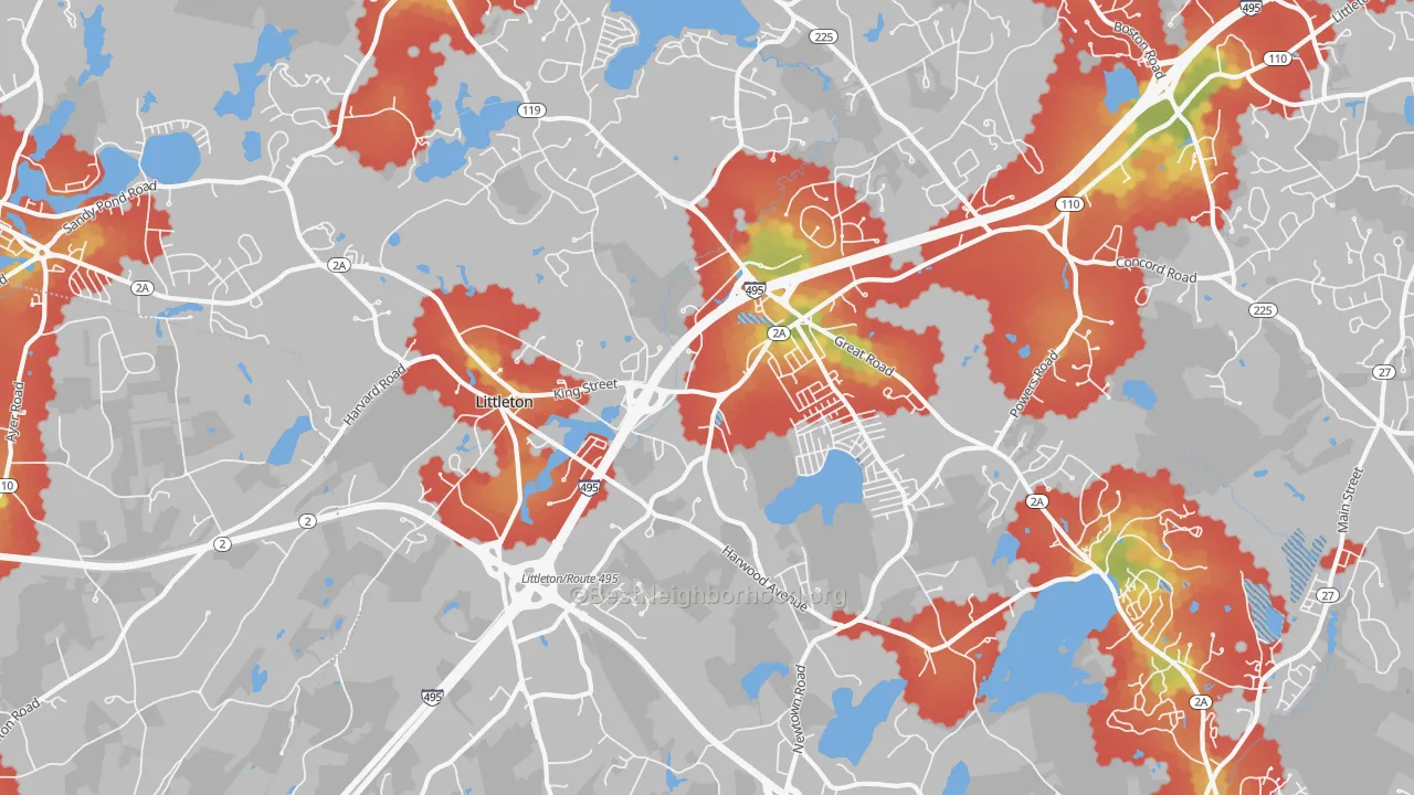 Walk Grade map of 01460, MA, walkable areas in green and car-dependent areas in red