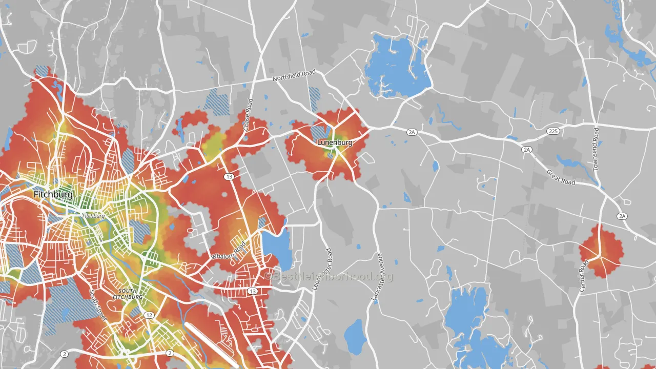 Walk Grade map of 01462, MA, walkable areas in green and car-dependent areas in red