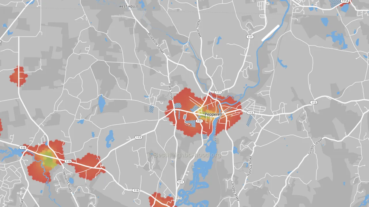 Walk Grade map of 01463, MA, walkable areas in green and car-dependent areas in red