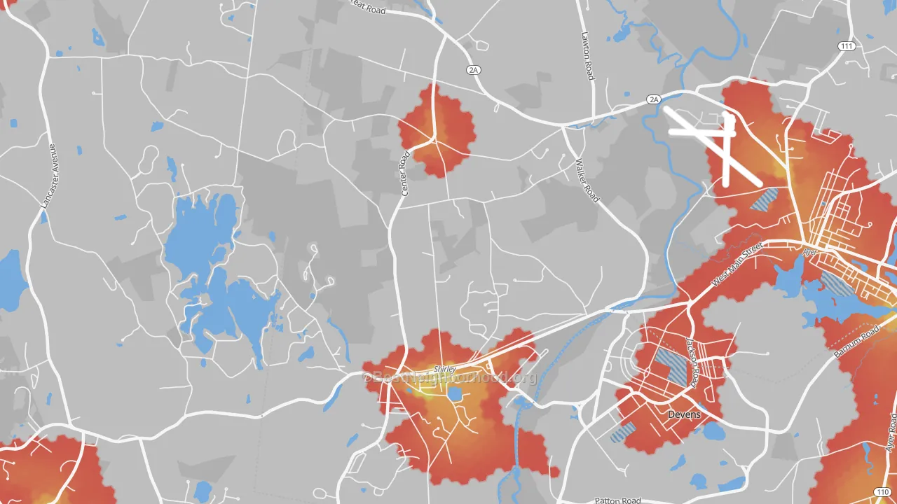Walk Grade map of 01464, MA, walkable areas in green and car-dependent areas in red