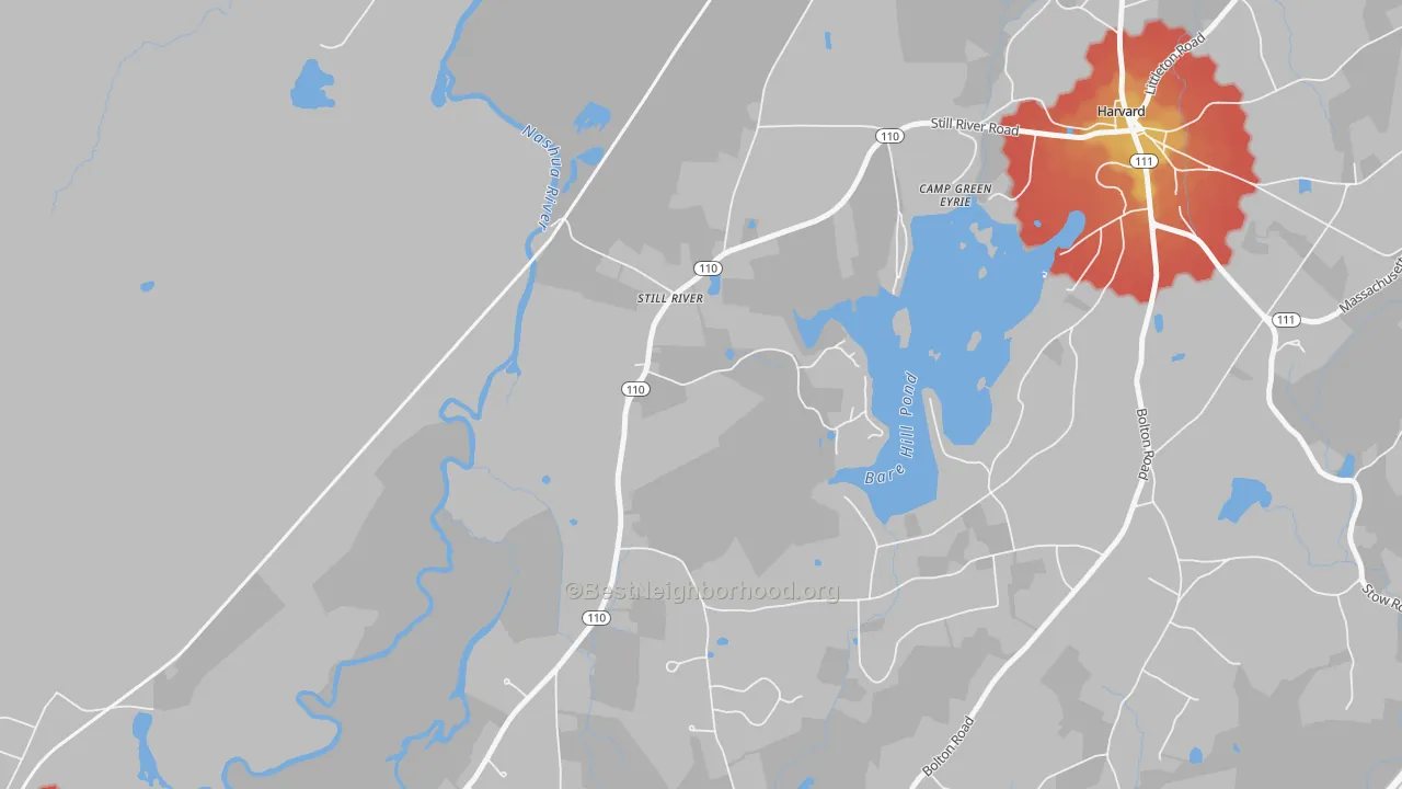 Walk Grade map of 01467, MA, walkable areas in green and car-dependent areas in red
