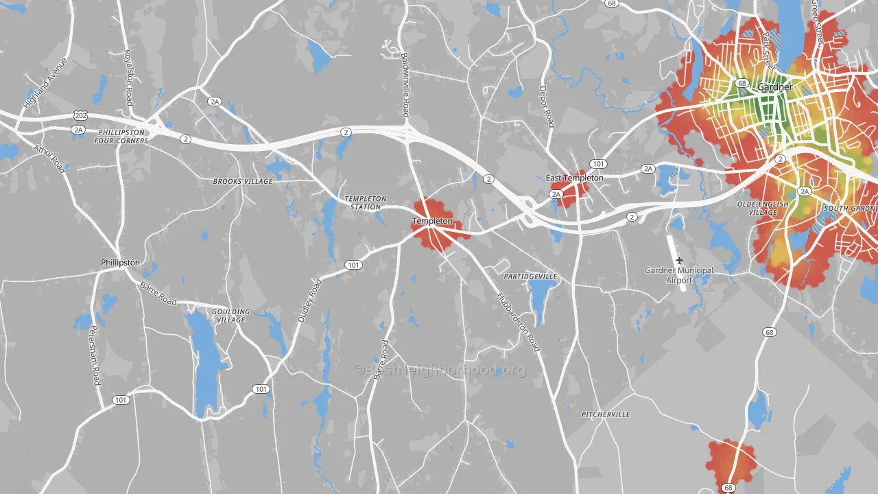 Walk Grade map of 01468, MA, walkable areas in green and car-dependent areas in red