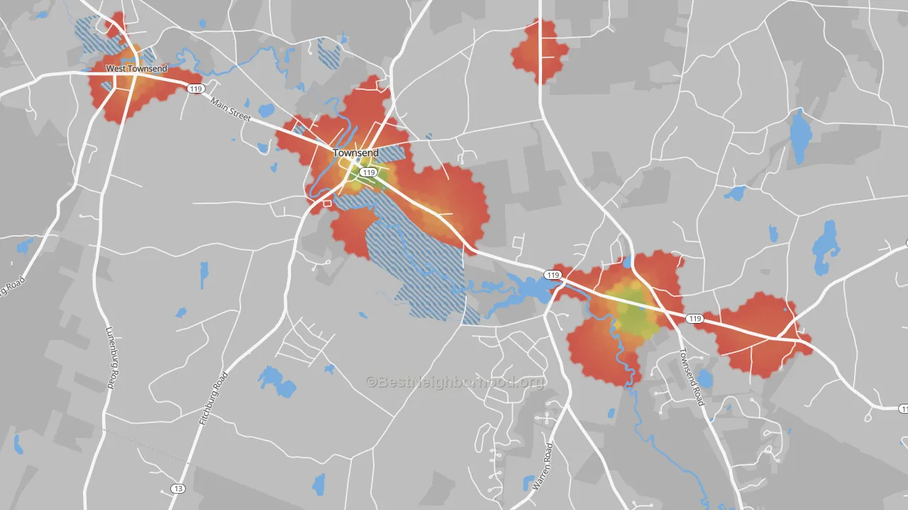 Walk Grade map of 01469, MA, walkable areas in green and car-dependent areas in red