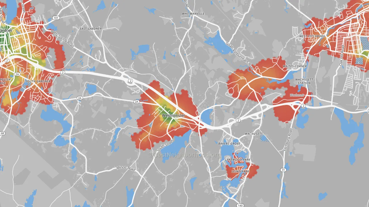 Walk Grade map of 01473, MA, walkable areas in green and car-dependent areas in red