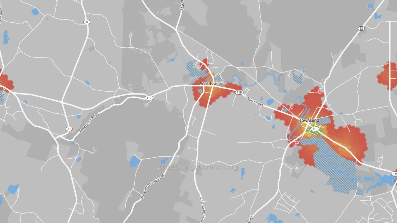 Walk Grade map of 01474, MA, walkable areas in green and car-dependent areas in red