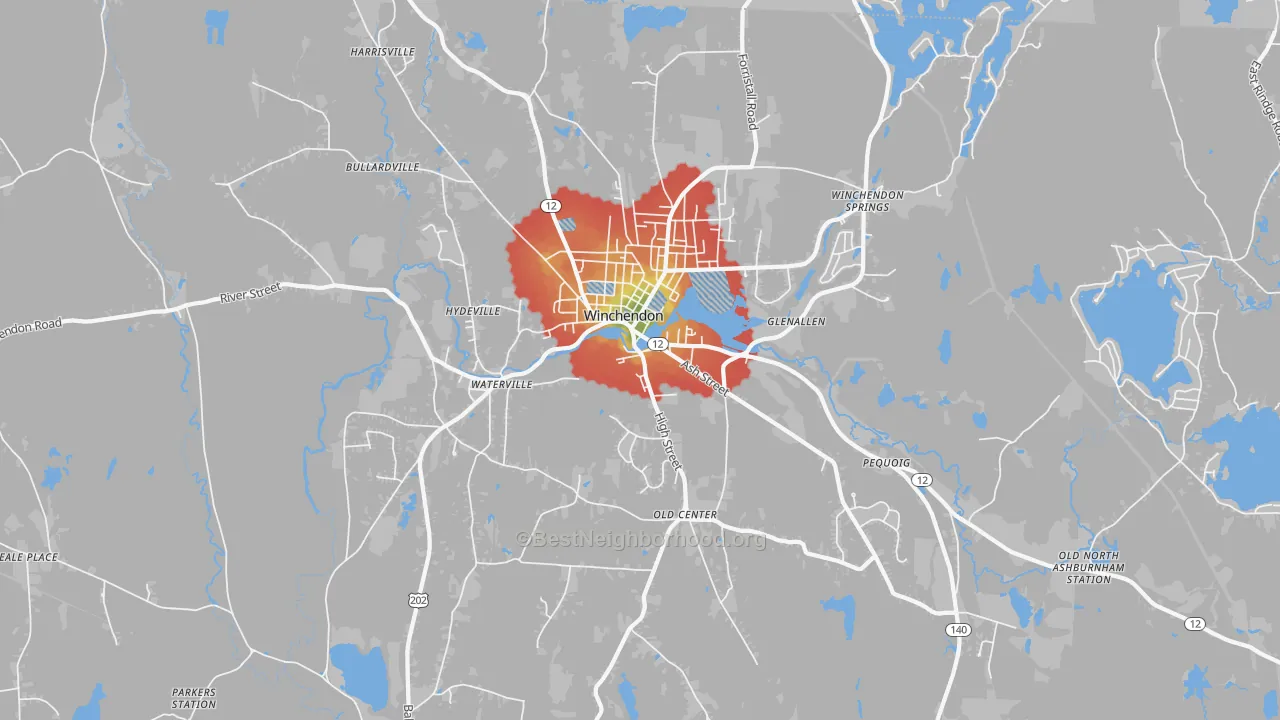 Walk Grade map of 01475, MA, walkable areas in green and car-dependent areas in red