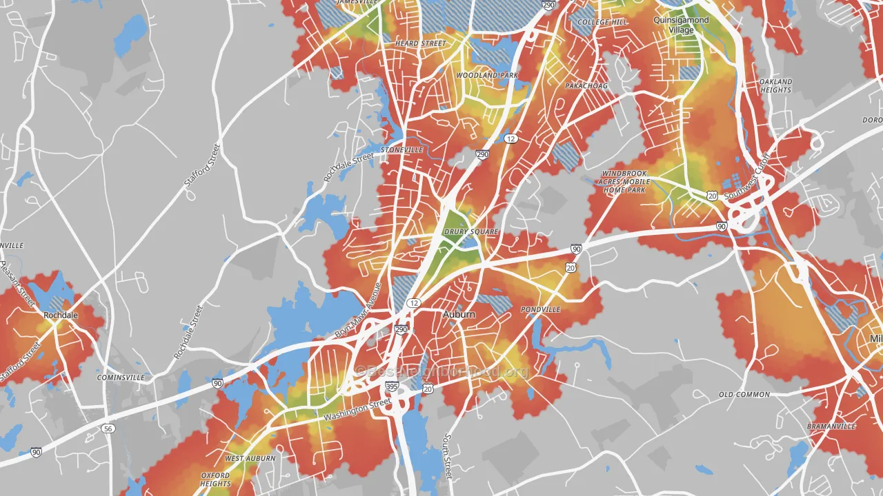 Walk Grade map of 01501, MA, walkable areas in green and car-dependent areas in red